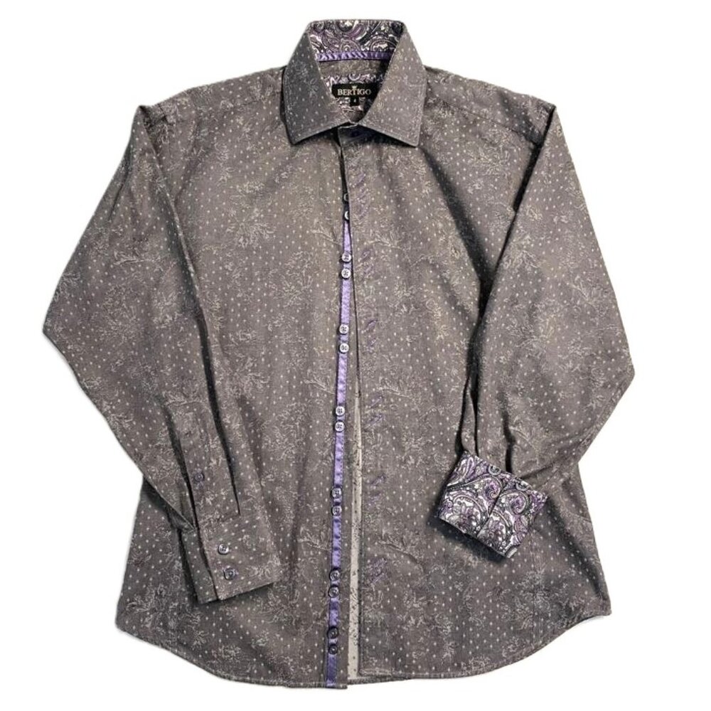 Bertigo Shirt Men's Sz 4 Large Flip Cuff Long Sleeve Gray Purple 100% Cotton